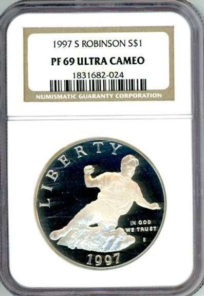 1997-S Jackie Robinson Proof Commemorative Silver Dollar in NGC PF69 Ultra Cameo