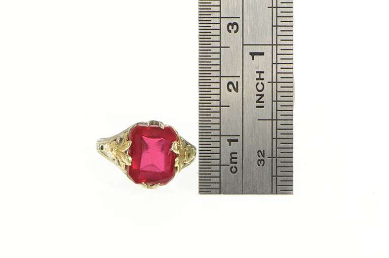 10K Yellow Gold Art Deco Filigree Syn. Ruby Statement Ring