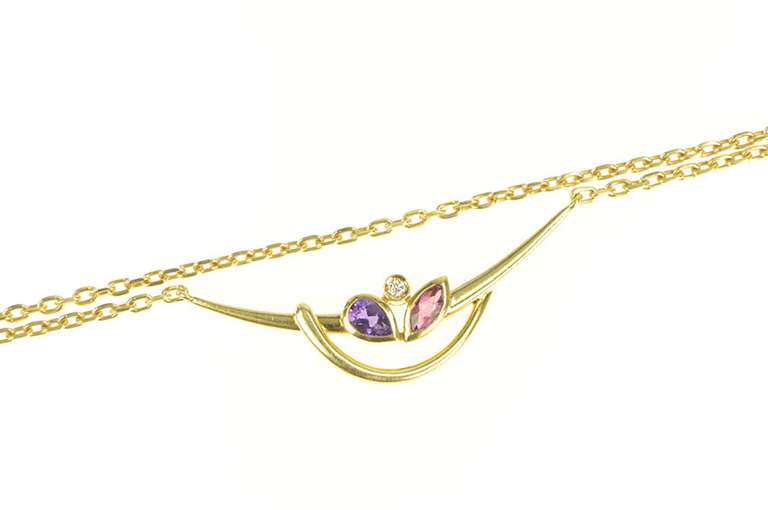 18K Yellow Gold Amethyst Tourmaline Diamond Curved Bar Necklace
