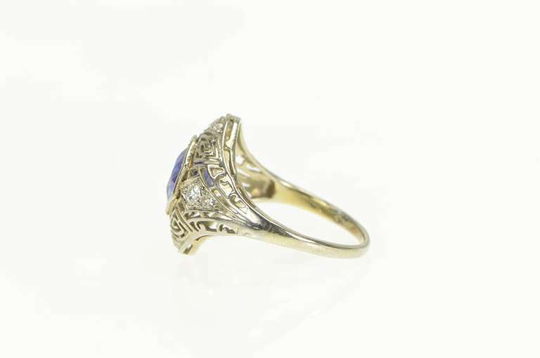 18K White Gold Art Deco Filigree Syn. Sapphire Diamond Ring