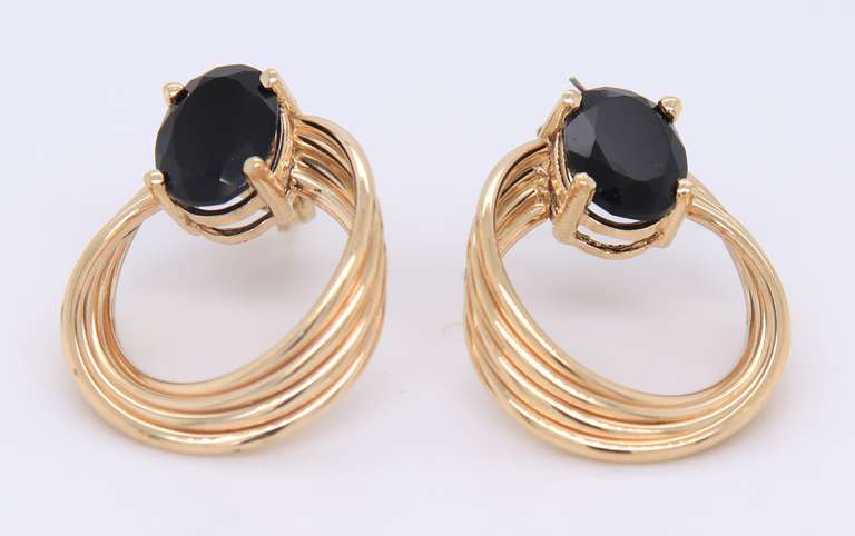 Stunning Yellow Gold oval Black Onyx Stacked Circle Drop Post Earrings