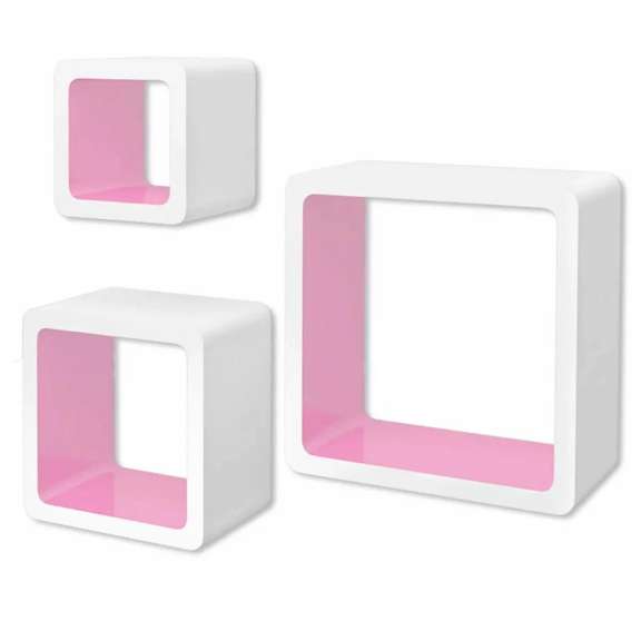 3 White-Pink MDF Floating Wall Display Shelf Cube