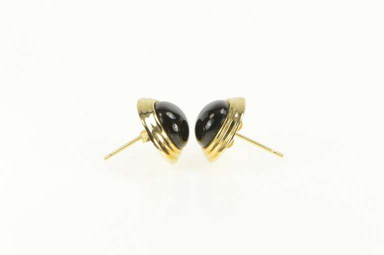 14K Yellow Gold Oval Black Onyx Grooved Cabochon Stud Earrings