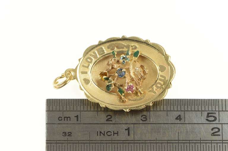 14K Yellow Gold 1960's I Love You Enamel Bouquet Basket Charm/Pendant