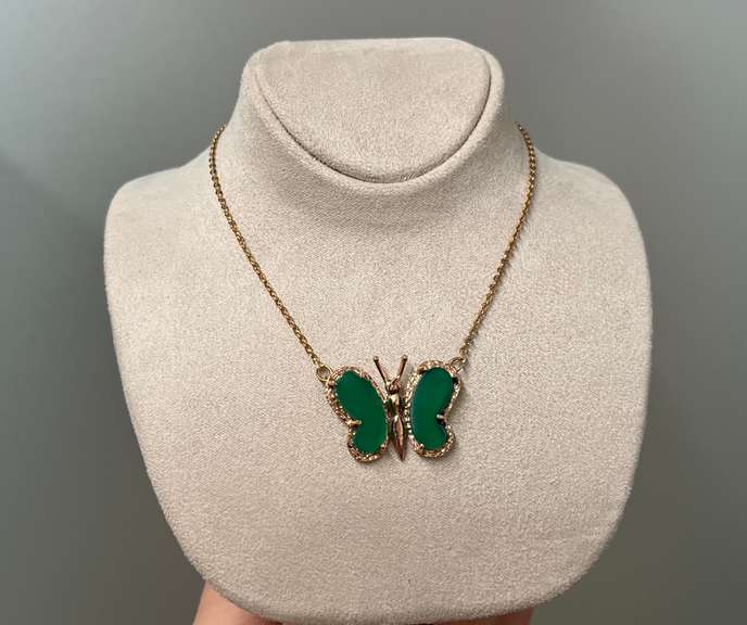 14KT Rose Gold Butterfly Necklace with Cabochon Emerald