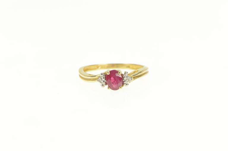 14K Yellow Gold Oval Natural Ruby Diamond Three Stone Ring