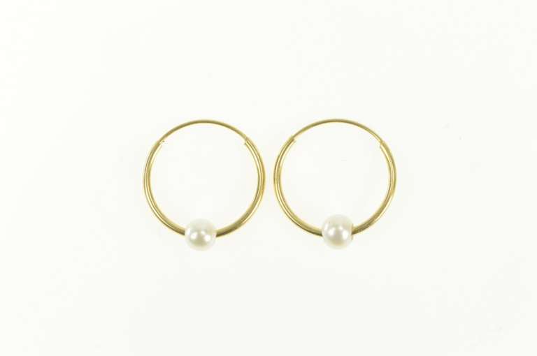 10K Yellow Gold Pearl Beaded 14.0mm Round Huggies Hoop Earrings
