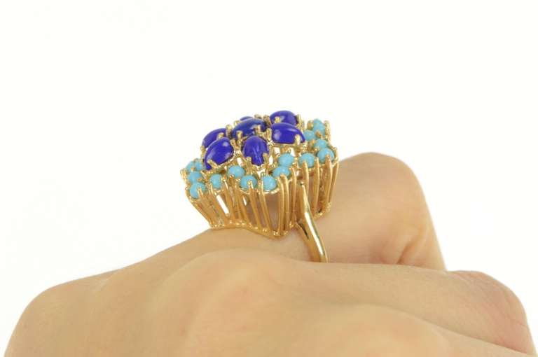 18K Yellow Gold Lapis Lazuli Turquoise Halo Ornate Cocktail Ring