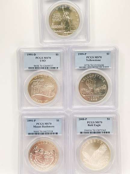 5 one silver dollar certified