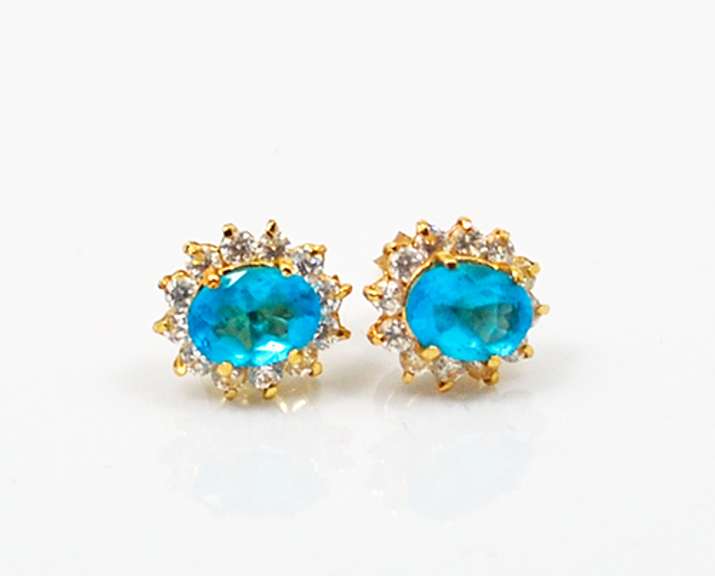 Vintage 14K Yellow Gold Stud Earrings With Oval Blue Topaz Stone and Diamond Accents