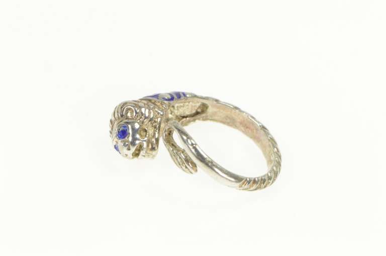 Sterling Silver Blue Enamel 3D Tiger Lion Ornate Wrap Ring