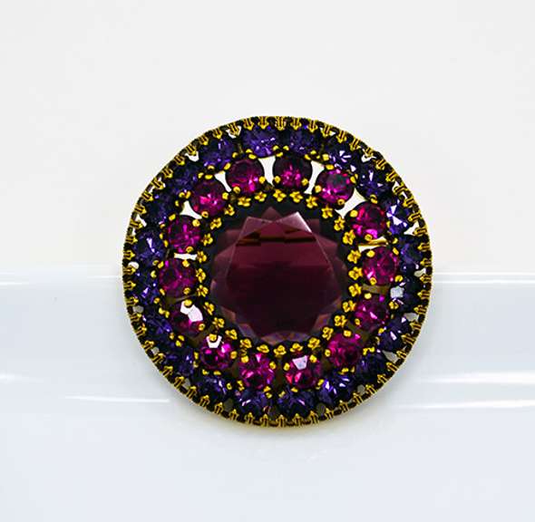 Signed Weiss Tiered Round Brooch with Purple and Fuchsia Crystal Rhinestones