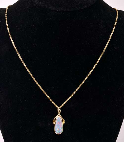 Captivating Colorful Opal Pendant Necklace in 14K Yellow Gold