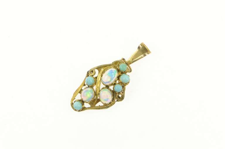 14K Yellow Gold Victorian Opal Turquoise Artisan Vintage Pendant