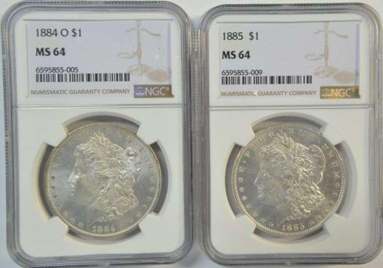 Super nice near Gem BU 1884-O & 1885 Morgan Dollars. NGC MS64