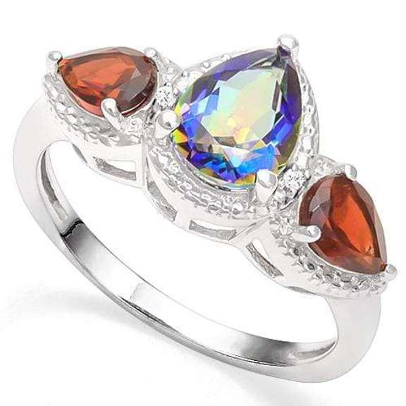 925 STERLING SILVER PR 6*8 MM BLUE MYSTIC TOPAZ & GARNET & DIAMOND WOMEN RING