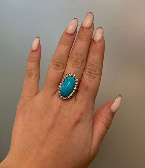 Vintage 14k White gold ring with Turquoise and Diamond