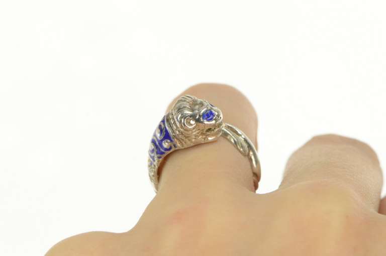 Sterling Silver Blue Enamel 3D Tiger Lion Ornate Wrap Ring
