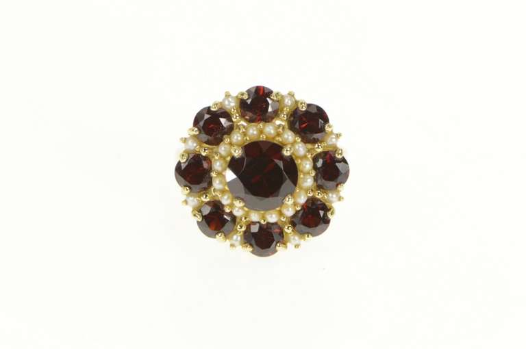 14K Yellow Gold 5.50 Ctw Garnet Seed Pearl Round Cocktail Ring