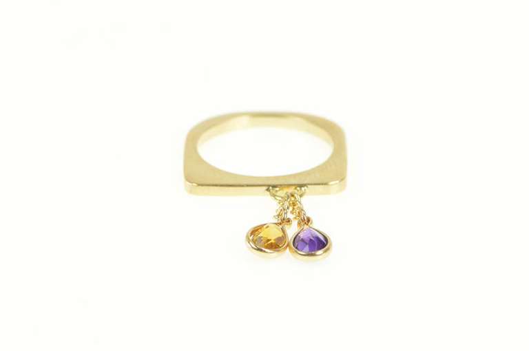 14K Yellow Gold Squared Pear Amethyst Dangle Charm Statement Ring