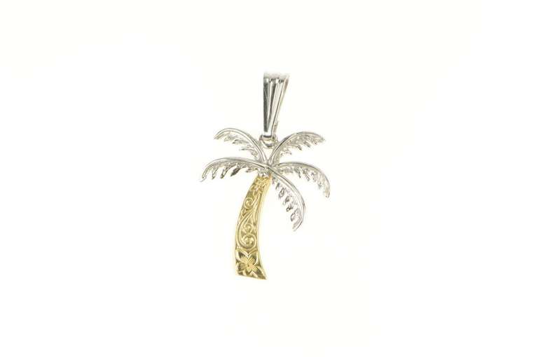 14K Yellow Gold Two Tone Ornate Palm Tree Beach Tropical Pendant