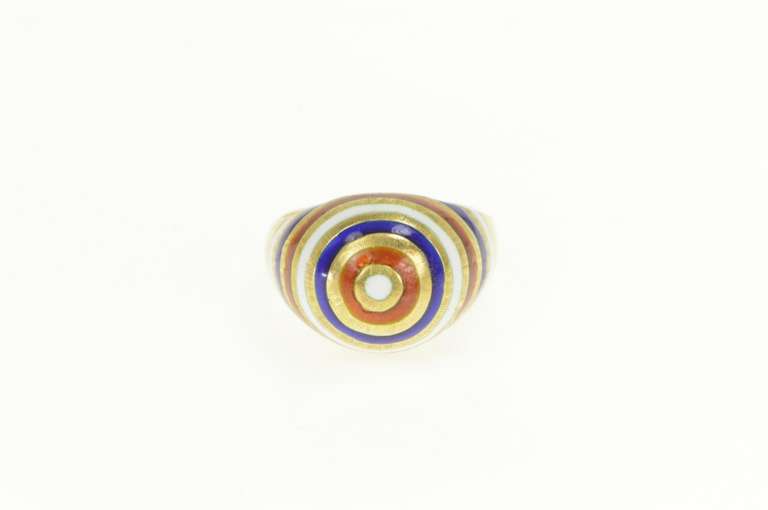 18K Yellow Gold Red White Blue Enamel Target Domed Circle Ring