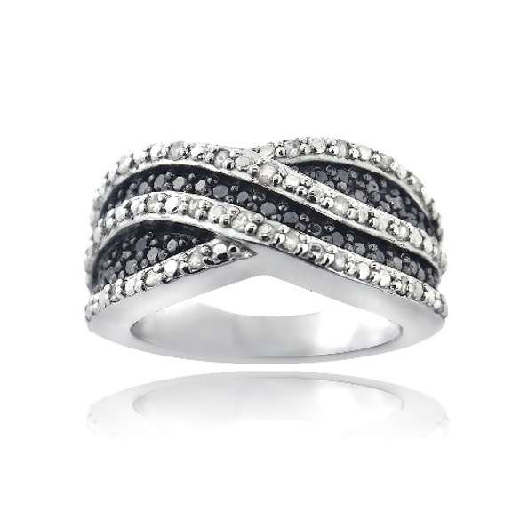 Black & White Diamond Crossover Wave Ring in Sterling Silver