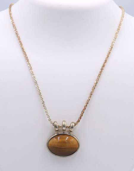 Vintage 925 Sterling Silver Tiger of Eye Pendant on Chain