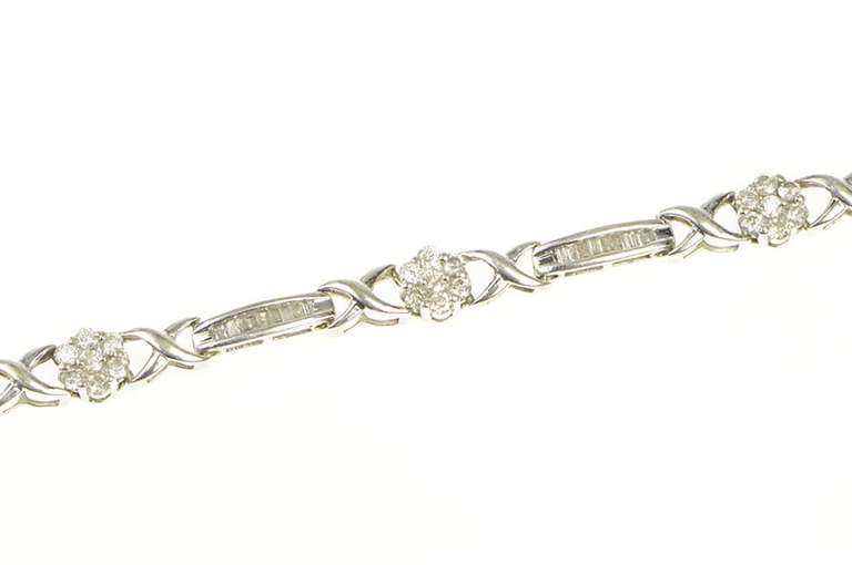 10K White Gold 2.50 Ctw Diamond Flower Cluster Bar Tennis Bracelet