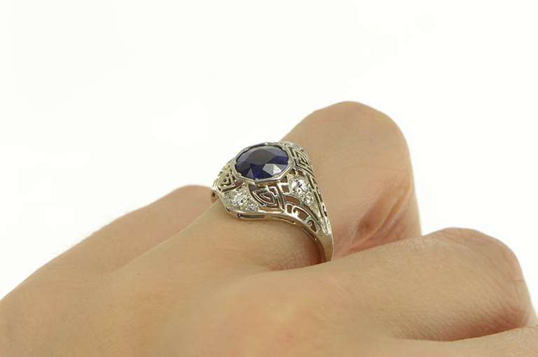 18K White Gold Art Deco Filigree Syn. Sapphire Diamond Ring