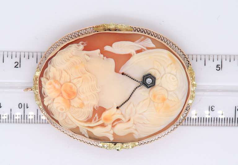 Antique Yellow Gold Shell Cameo Pendant Brooch with Diamond
