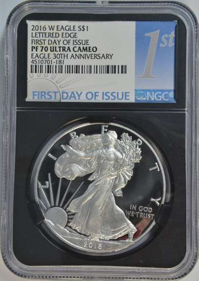 Flawless 2016-W Lettered Edge 1st Day of Issue. NGC PF70 UC