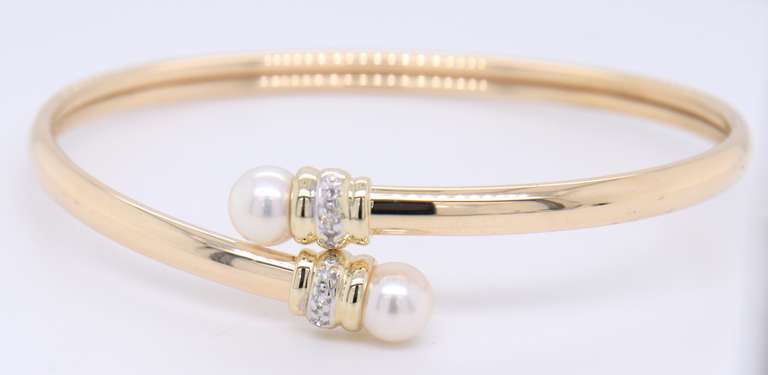 Wonderful Yellow Gold Pearl and Diamond Flex Bangle Bracelet