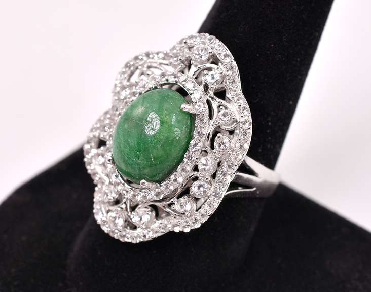 Mesmerizing 7.75CTS Cabochon-Cut Natural Emerald & 2.35CTW White Sapphire Ring in Sterling Silver