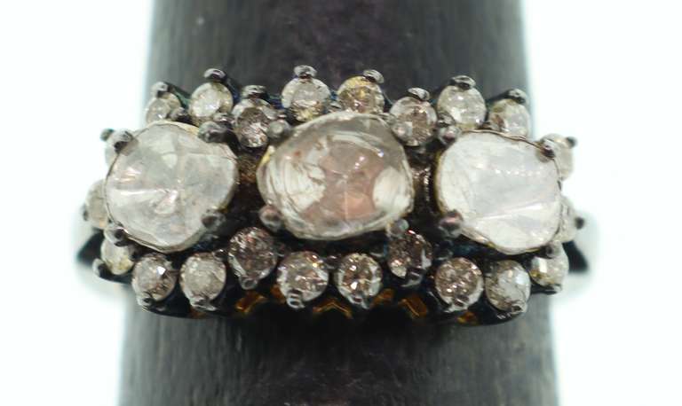 Triple Set Mine Cut Diamond Sterling Silver Ring with Diamond edges