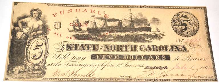 $5 State of North Carolina Raleigh July 1 1862 Note