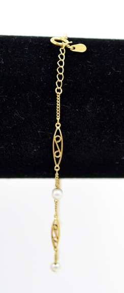 Vintage 18k Yellow Gold Bracelet With Cultured Pearls and Expandable Chain