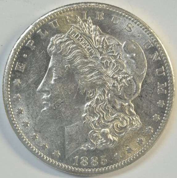Flashy-white BU 1885-S Morgan Silver Dollar. Key date
