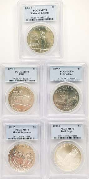 5 one silver dollar certified