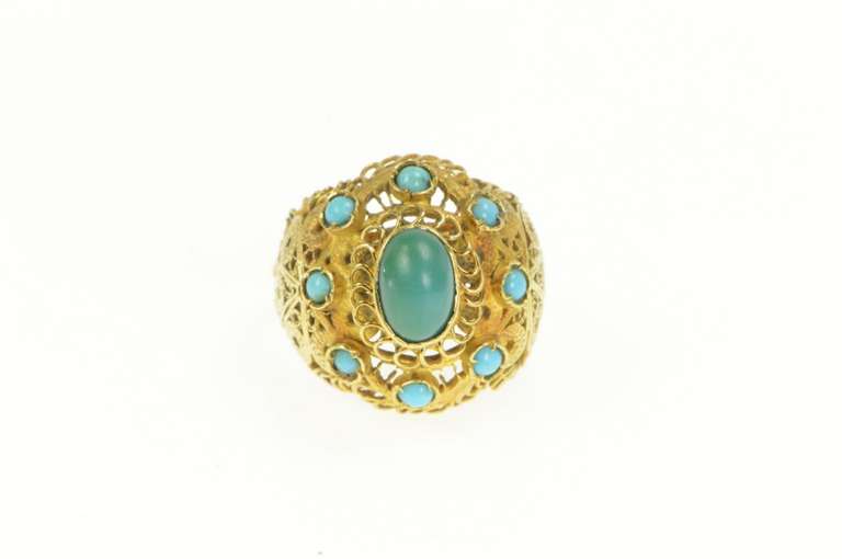 18K Yellow Gold Elaborate Turquoise Oval Domed Filigree Ring