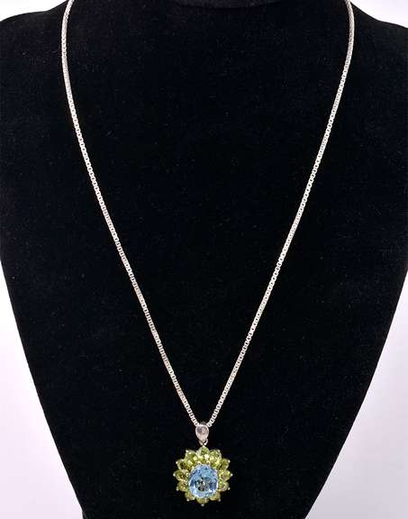 Sterling Necklace With Blue Topaz And Peridot Pendant