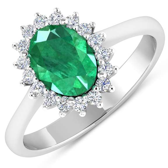 Solid 14 Kt White Gold Emerald Diamond Ring