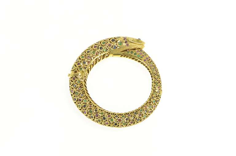 9K Yellow Gold Ruby Emerald Encrusted Fish Pisces Bangle Bracelet