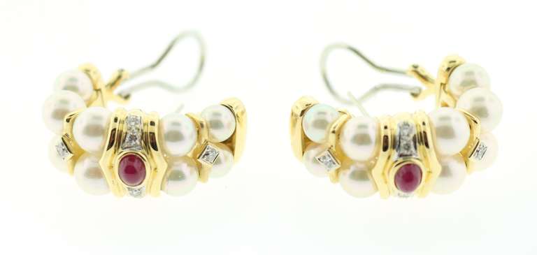 Creamy White Akoya Pearl 18k Gold Earrings with Diamonds and Red Ruby Core