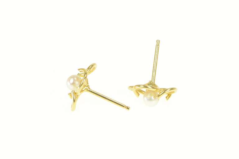 10K Yellow Gold Pearl Ornate Clover Flower Vintage Stud Earrings