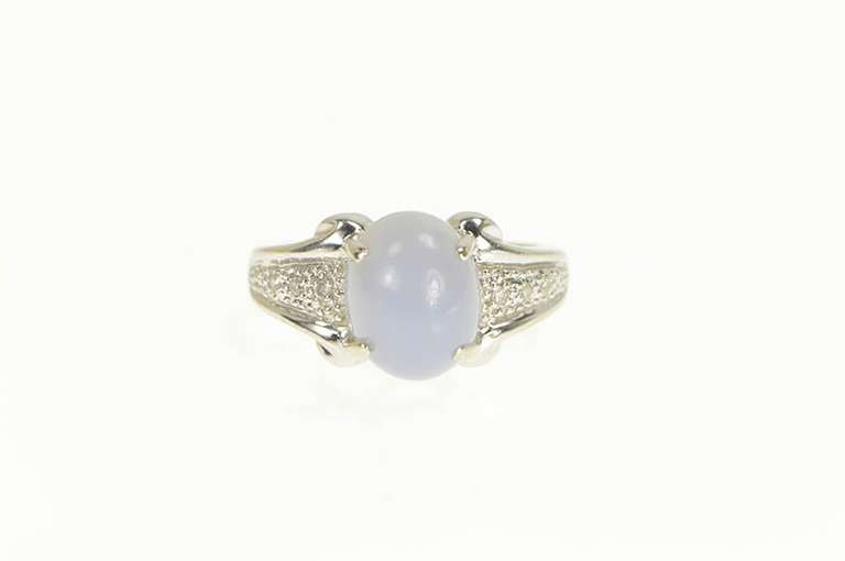 14K White Gold Blue Agate Diamond Cabochon Statement Ring