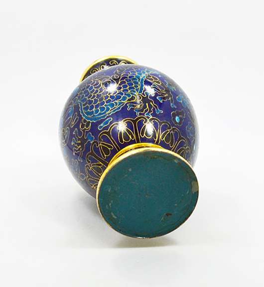 Vintage Small Cloisonné Vase in Tones of Blue With Floral and Dragon Pattern