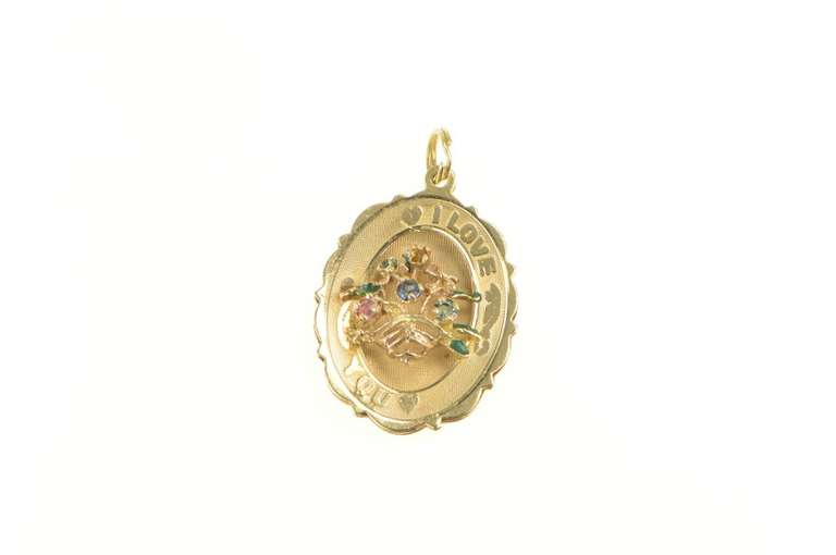 14K Yellow Gold 1960's I Love You Enamel Bouquet Basket Charm/Pendant