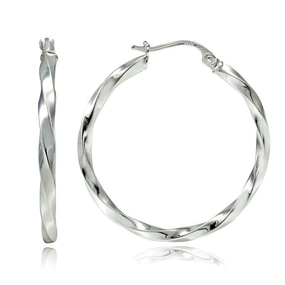 Twist Round Hoop Earrings in Sterling Silver