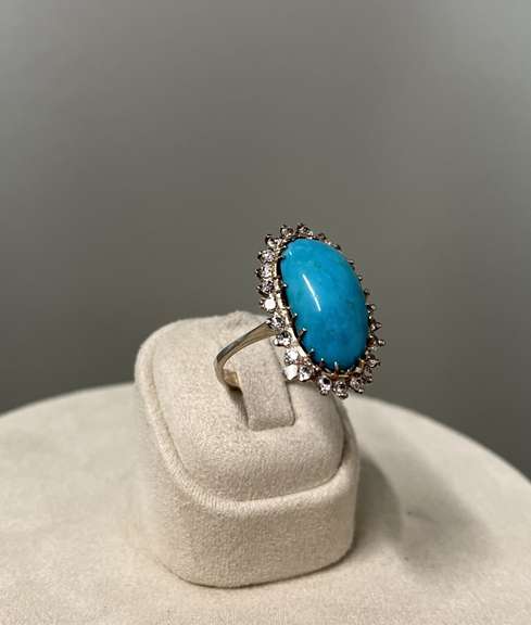 Vintage 14k White gold ring with Turquoise and Diamond